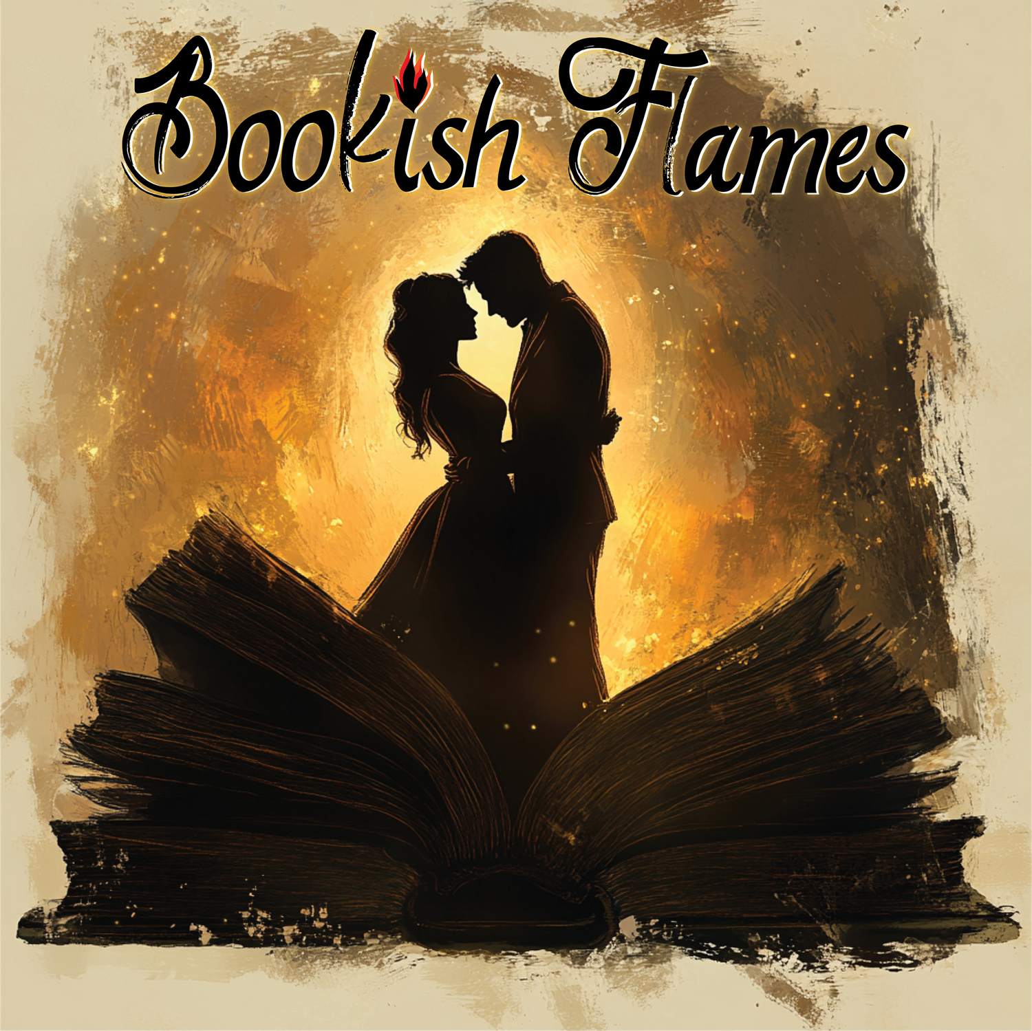 Bookish Flames logo - an open book with a pop-out of lovers embracing